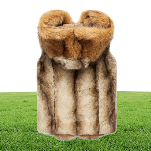 Whole brown faux fur coats for men winter fur vest jacket big size warm sleeveless outwear mens hooded fur coat overcoat