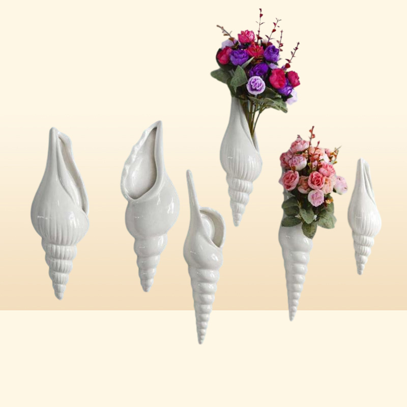 Vases 3 TYPES Modern White Ceramic Sea Shell Conch Flower Vase Wall Hanging Home Decor Living Room Background Decorated