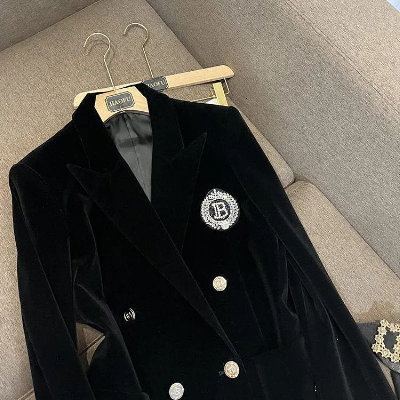 Spring Autumn Vintage Women Velvet Blazers Coat OL Turn Down Collar Velour Suit Jacket Letters Diamonds Cardigan Mid Length Tops 231222