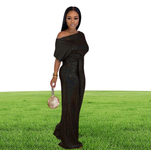 2020 fashion shiny party women039s sequined jumpsuits sexy skew collar short sleeve rompers wide leg pants laceup fashion over9908195