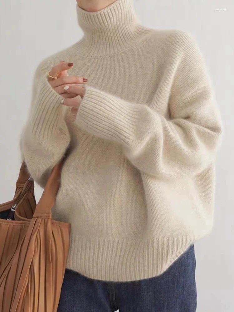 Designer women's sweater fashion Korea cashmere sweater pure wool high lapel 2025 autumn and winter casual loose padded knit top.