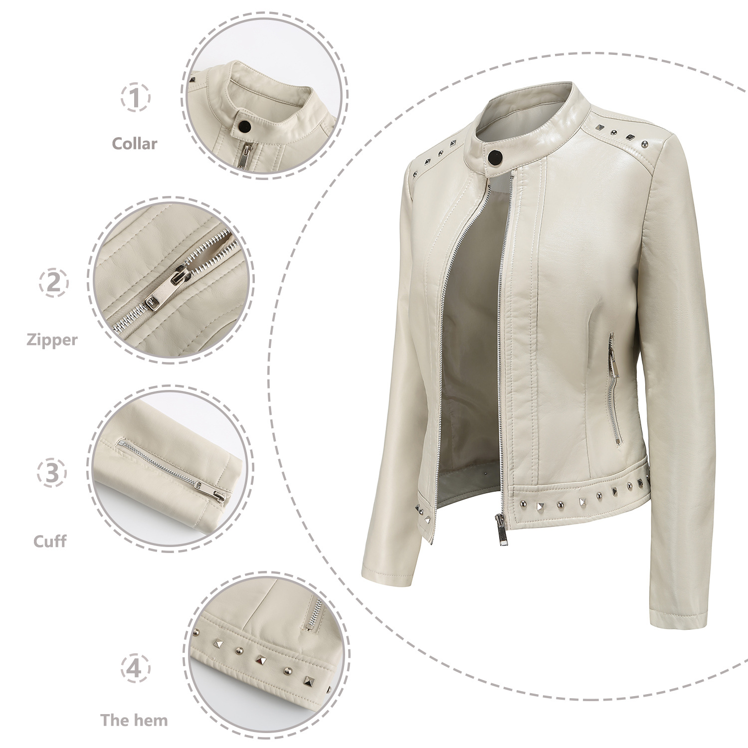 0C407M12 Fashion Women's Leather Faux Coats Pochette Rivet Decorative Zipper Stand Up Collar Jacket Wholesale and Customization