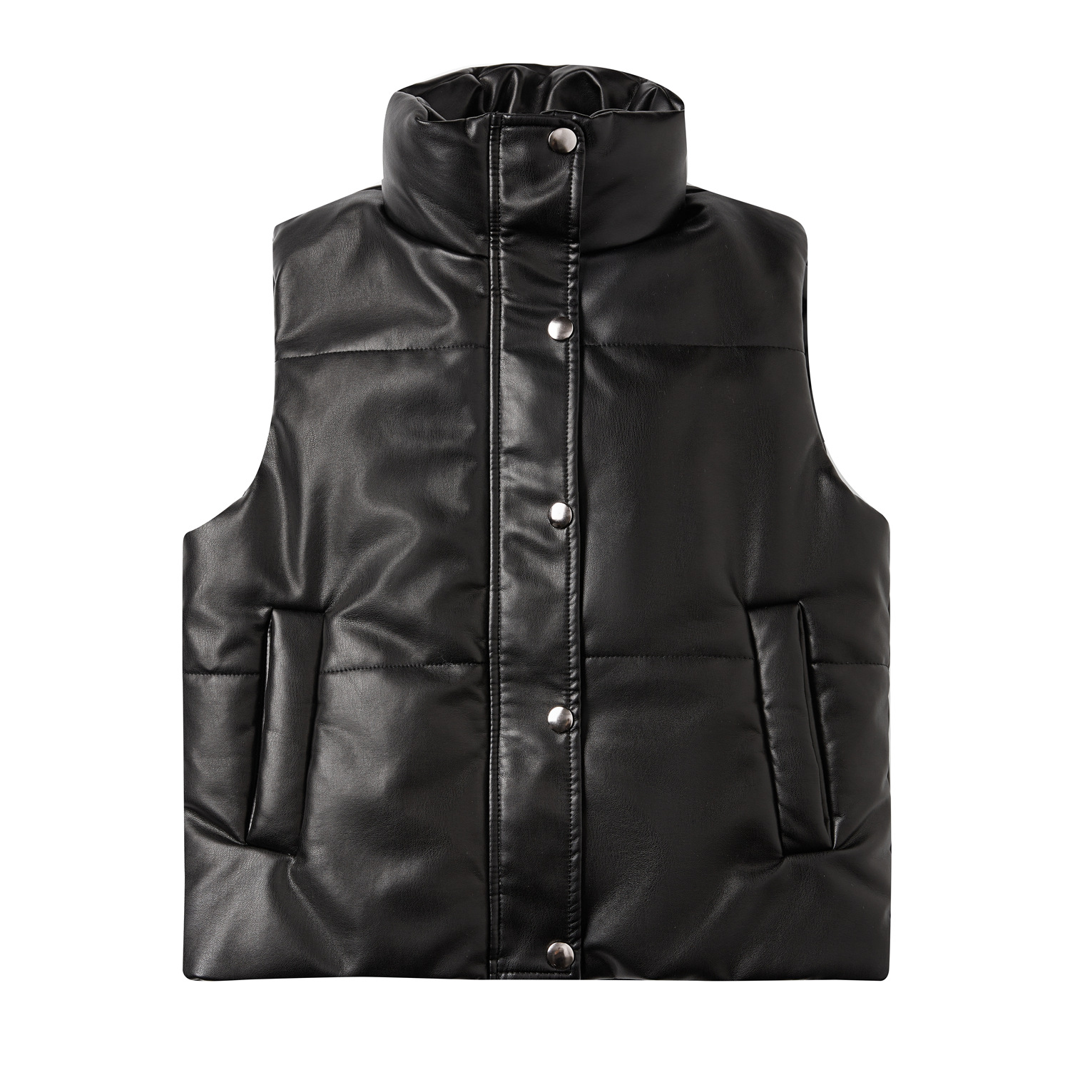 0C407M18 Autumn and Winter Women's Leather Faux Vest Sleeveless Cotton Jacket Fashionable Standing Collar Zipper Coat Solid Color Minimalist