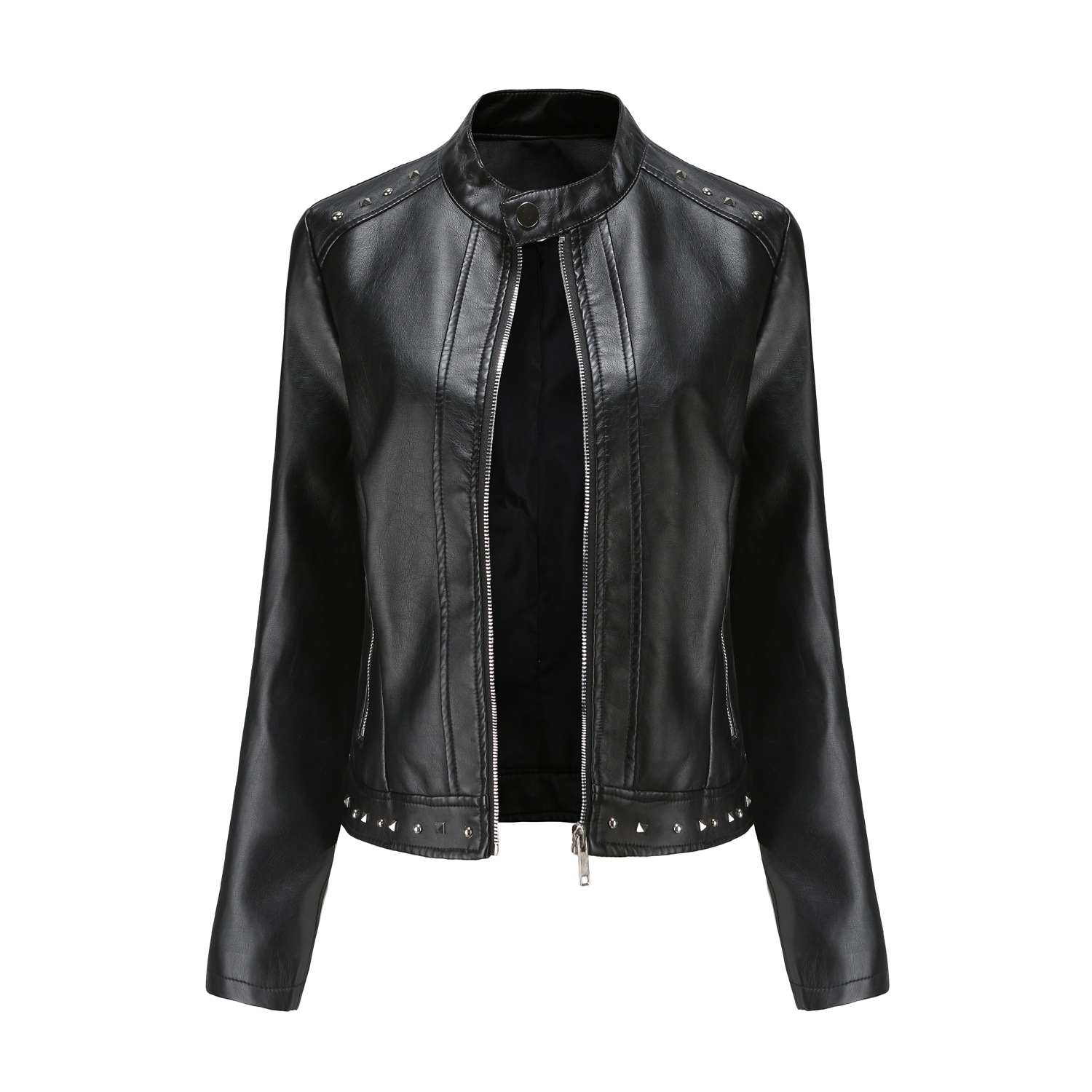 0C407M12 Fashion Women's Leather Faux Coats Pochette Rivet Decorative Zipper Stand Up Collar Jacket Wholesale and Customization