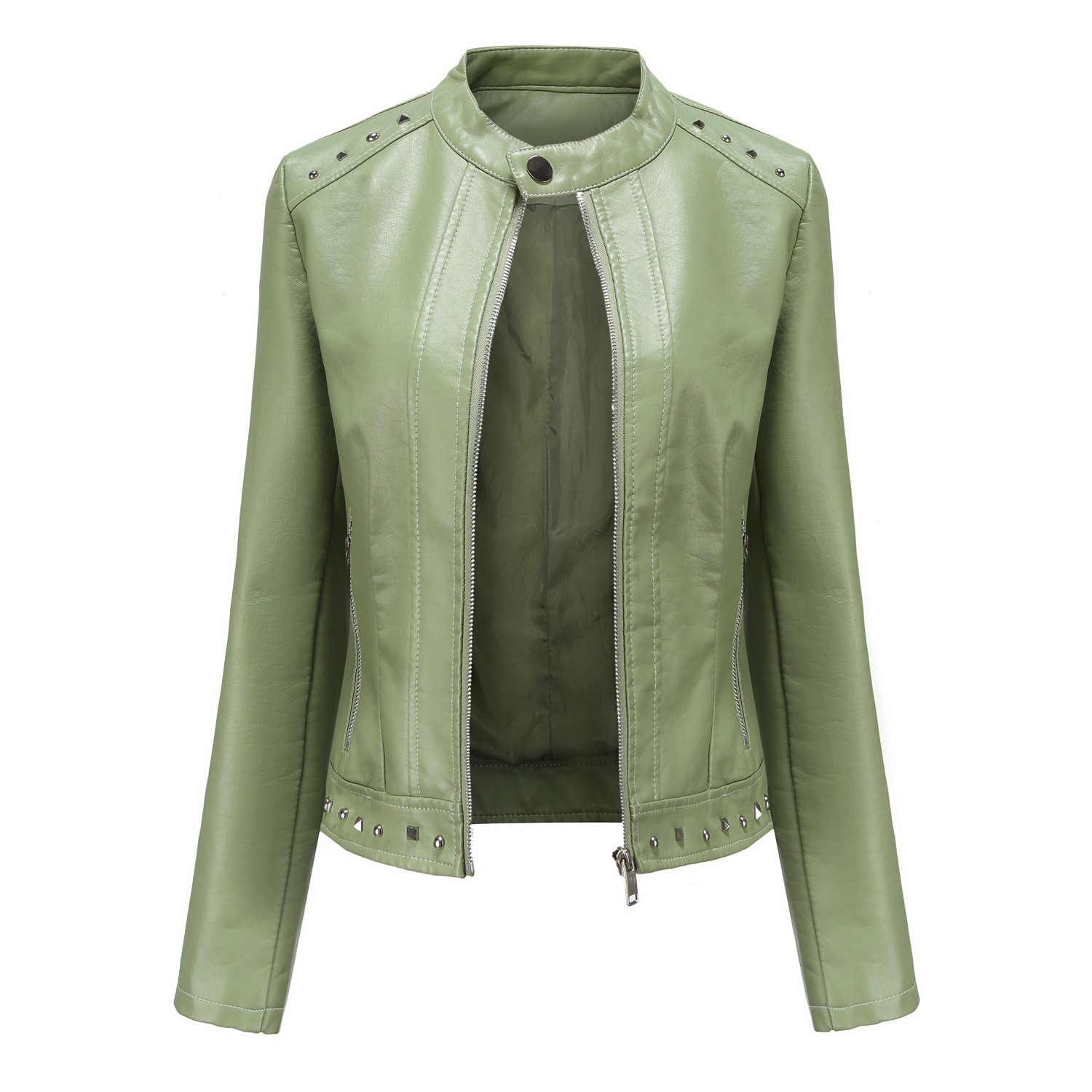 0C407M12 Fashion Women's Leather Faux Coats Pochette Rivet Decorative Zipper Stand Up Collar Jacket Wholesale and Customization