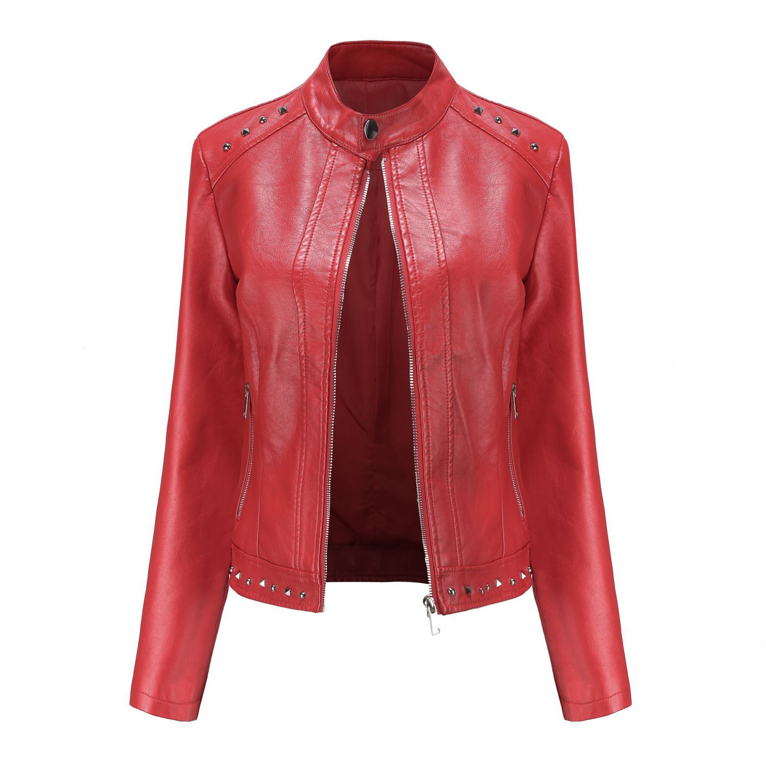 0C407M12 Fashion Women's Leather Faux Coats Pochette Rivet Decorative Zipper Stand Up Collar Jacket Wholesale and Customization
