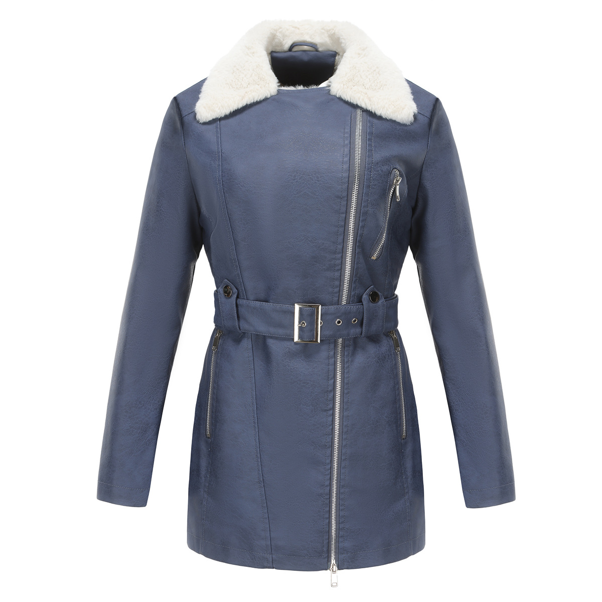 0C448M75/ 462m79 Autumn and Winter Women's Leather Faux Coats Commuting Wind Long Sleeved Plush Lapel Double Zipper Belt Warm Jacket