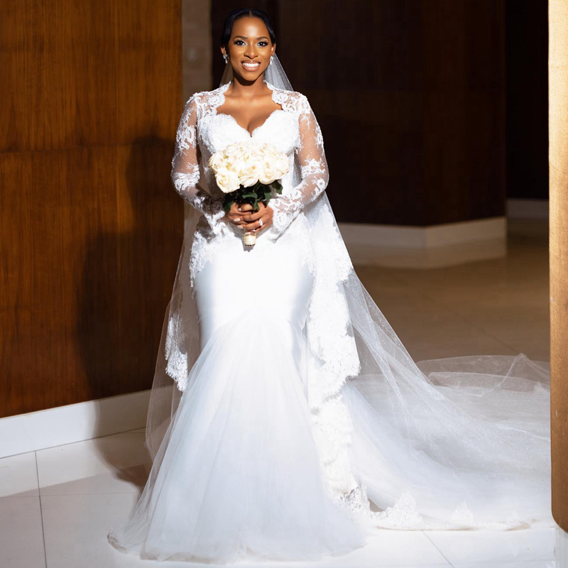 R&W 2024 African Arabic Aso Ebi Wedding Dresses Long Sleeves Elegant Illusion Lace Beaded Mermaid Bridal Gowns for Bride Gorgeous Tiered Tulle Dress D