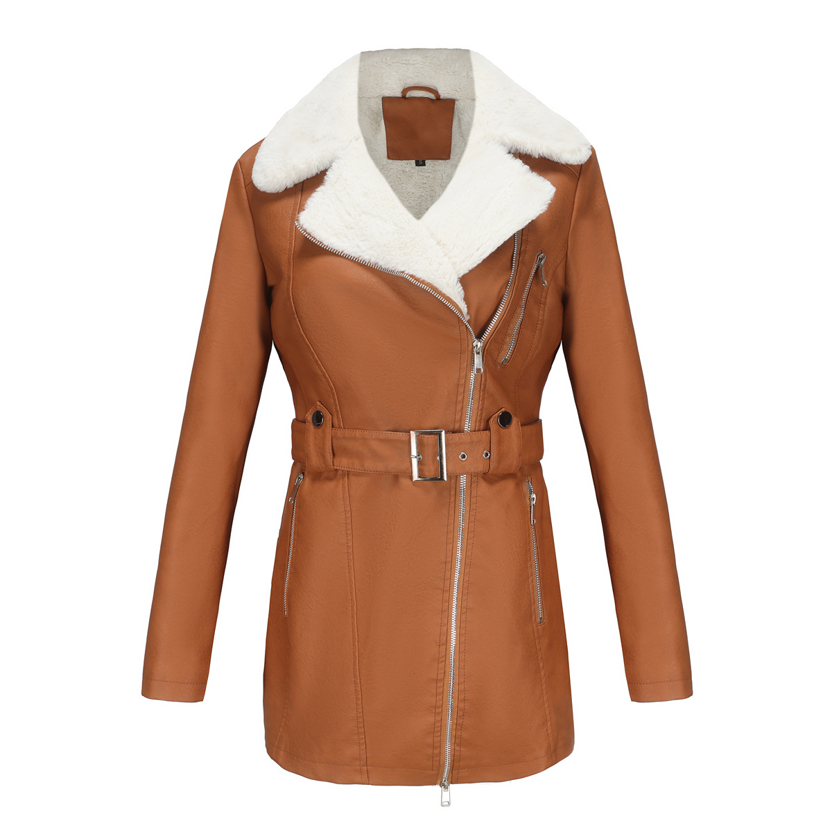 0C448M75/ 462m79 Autumn and Winter Women's Leather Faux Coats Commuting Wind Long Sleeved Plush Lapel Double Zipper Belt Warm Jacket