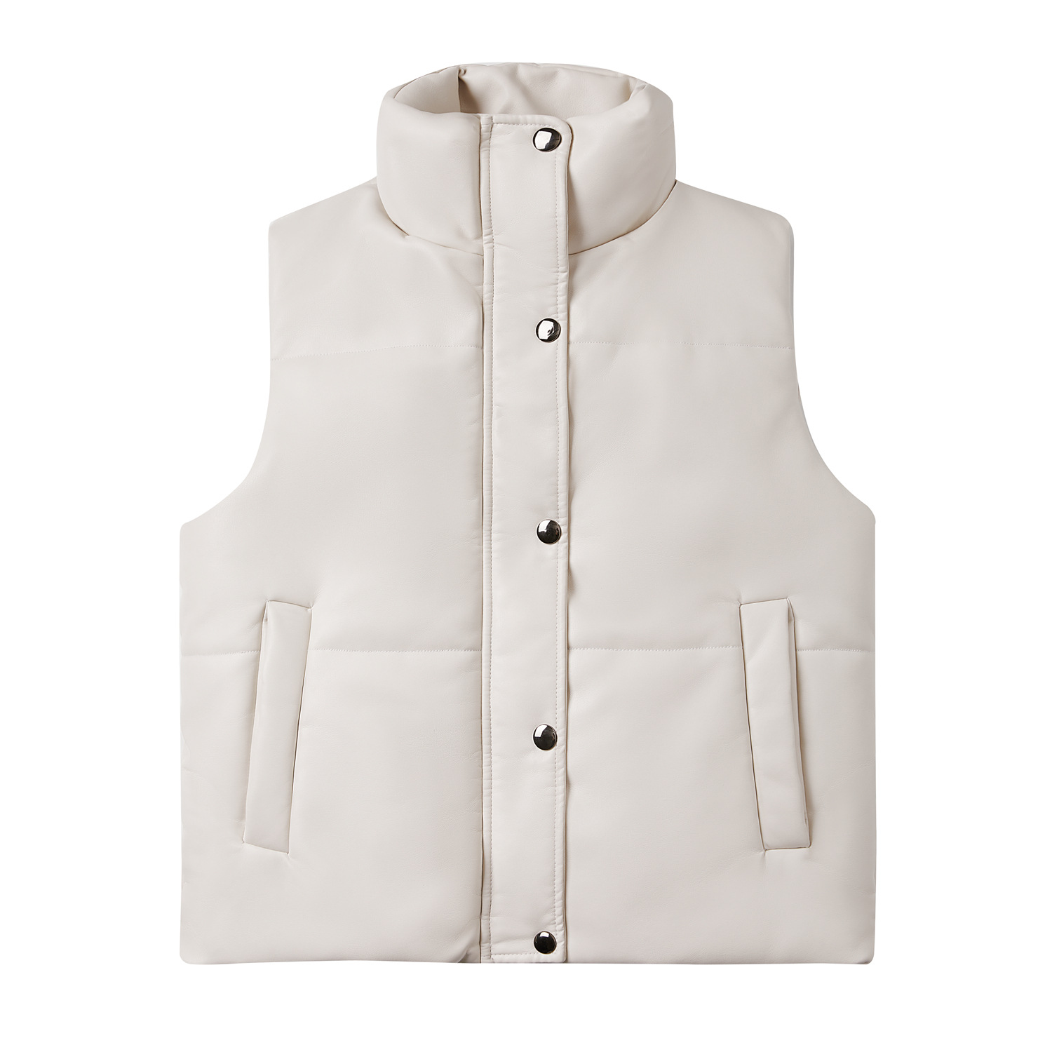 0C407M18 Autumn and Winter Women's Leather Faux Vest Sleeveless Cotton Jacket Fashionable Standing Collar Zipper Coat Solid Color Minimalist