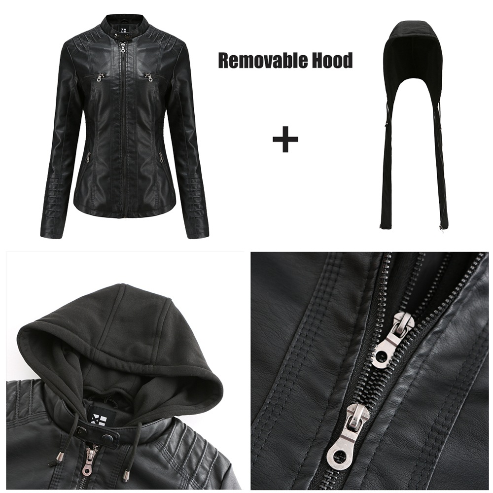 0C501M541 Spring and Autumn Women's Coat Hooded Leather Faux Jacket Two Piece Detachable Set Oversized Washable OC Customization