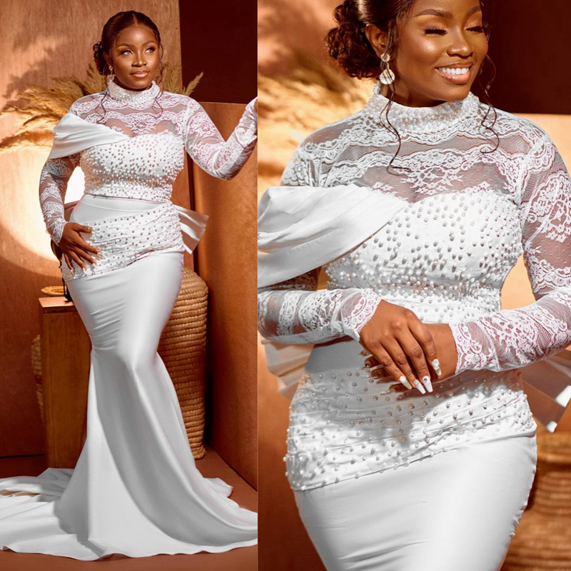 African Nigeria Mermaid Wedding Dress for Bride Plus Size Bridal Gowns High Neck Long Sleeves Bow at Back Beaded Lace Pearls Marriage Gowns for Black 