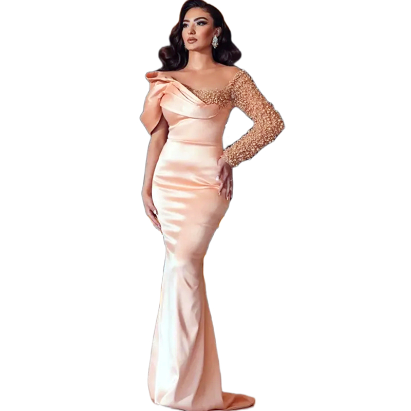 Elegant Arabic Pink Mermaid Evening Dresses Pearls Beaded Long Sleeve Satin Formal Occasion Dress Sexy Prom Celebrity Gown Sweep Train 2024
