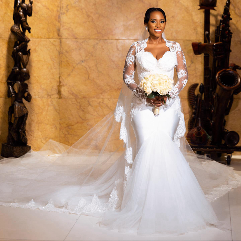 R&W 2024 African Arabic Aso Ebi Wedding Dresses Long Sleeves Elegant Illusion Lace Beaded Mermaid Bridal Gowns for Bride Gorgeous Tiered Tulle Dress D