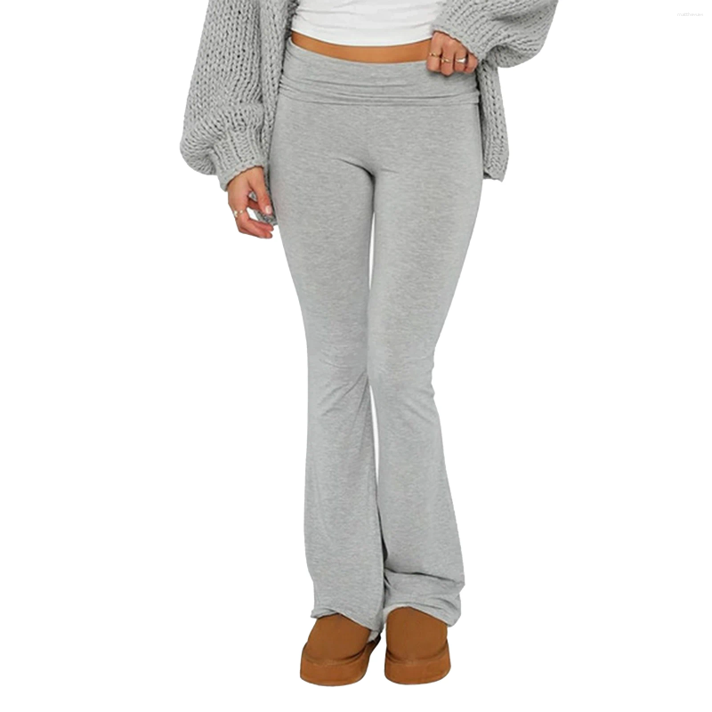 Women's Leggings Women Fold Over Waist Low Rise Flared Yoga Pants Bootcut Bell Bottoms Trousers Y2k Stretch Skinny Loungewear