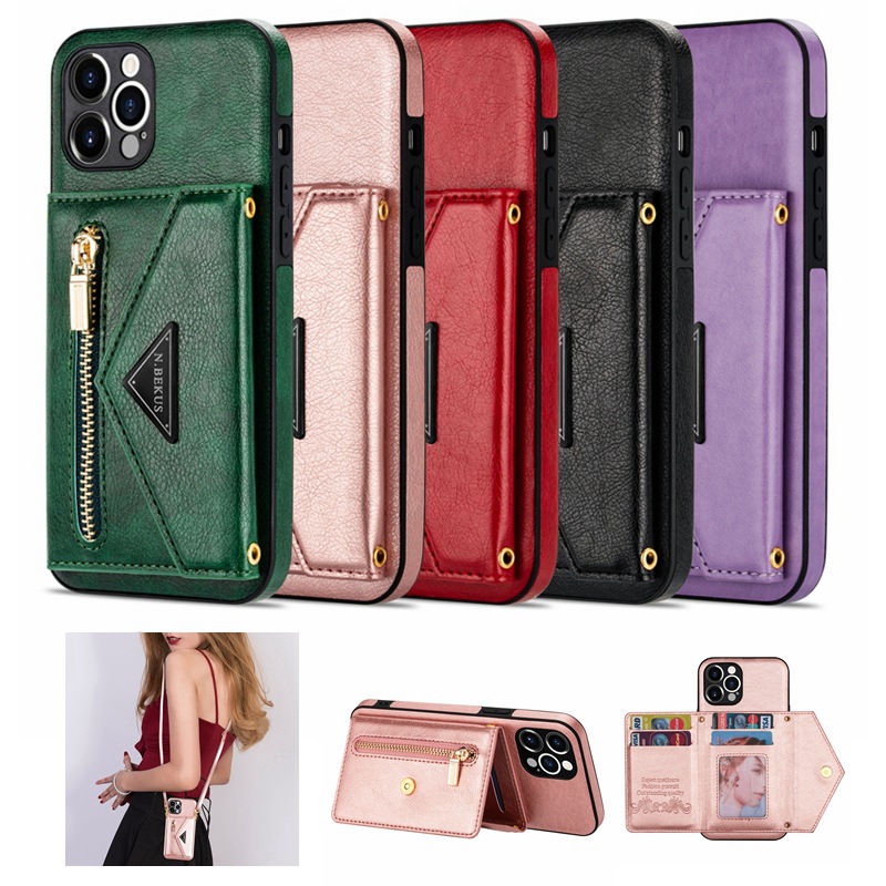 Luxury Crossbody Wallet Phone Case for iPhone 16 15 14 Plus 13 Pro Max 12 Mini 11 Slim Flip Leather Stand Zipper Pocket Card Holder Protective Cover w