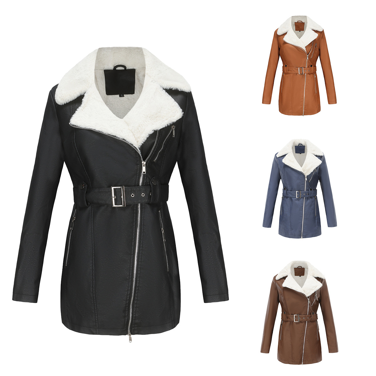 0C448M75/ 462m79 Autumn and Winter Women's Leather Faux Coats Commuting Wind Long Sleeved Plush Lapel Double Zipper Belt Warm Jacket