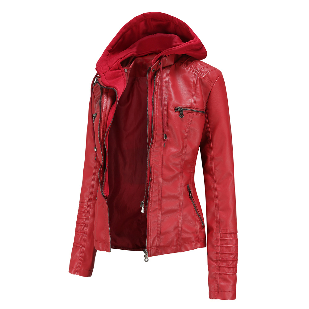 0C501M541 Spring and Autumn Women's Coat Hooded Leather Faux Jacket Two Piece Detachable Set Oversized Washable OC Customization