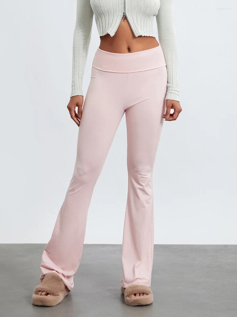Women's Leggings Women Fold Over Waist Low Rise Flared Yoga Pants Bootcut Bell Bottoms Trousers Y2k Stretch Skinny Loungewear
