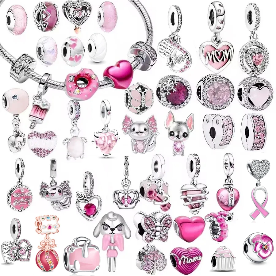 925 Sterling Silver New Genuine Pink S925 Snake Charm Love Potion Murano Glass Heart-Shaped Pendant Beads Suitable For Bracelets, Jewelry Free Shippin