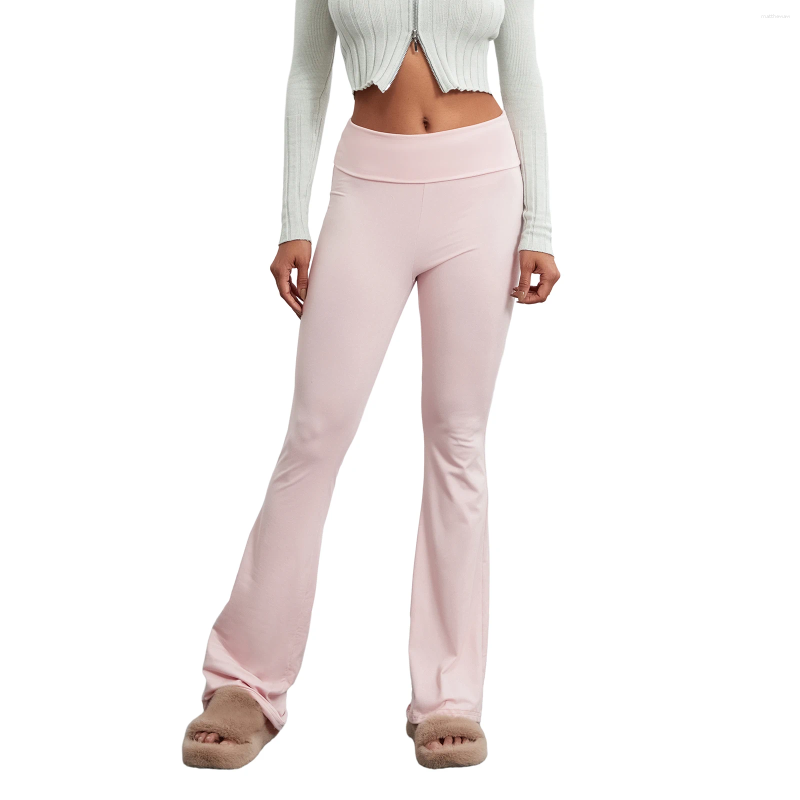Women's Leggings Women Fold Over Waist Low Rise Flared Yoga Pants Bootcut Bell Bottoms Trousers Y2k Stretch Skinny Loungewear