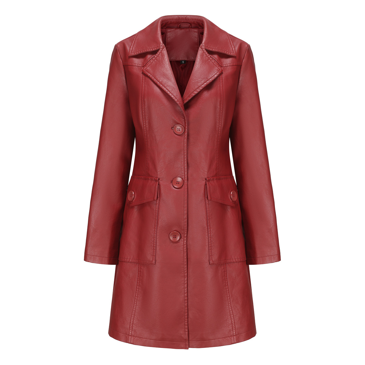 0C 416M39 PALLaS European and American Long Women's Leather Faux Clothes Long Sleeved Windbreaker Fashionable British Coat Flip Collar Single Bre