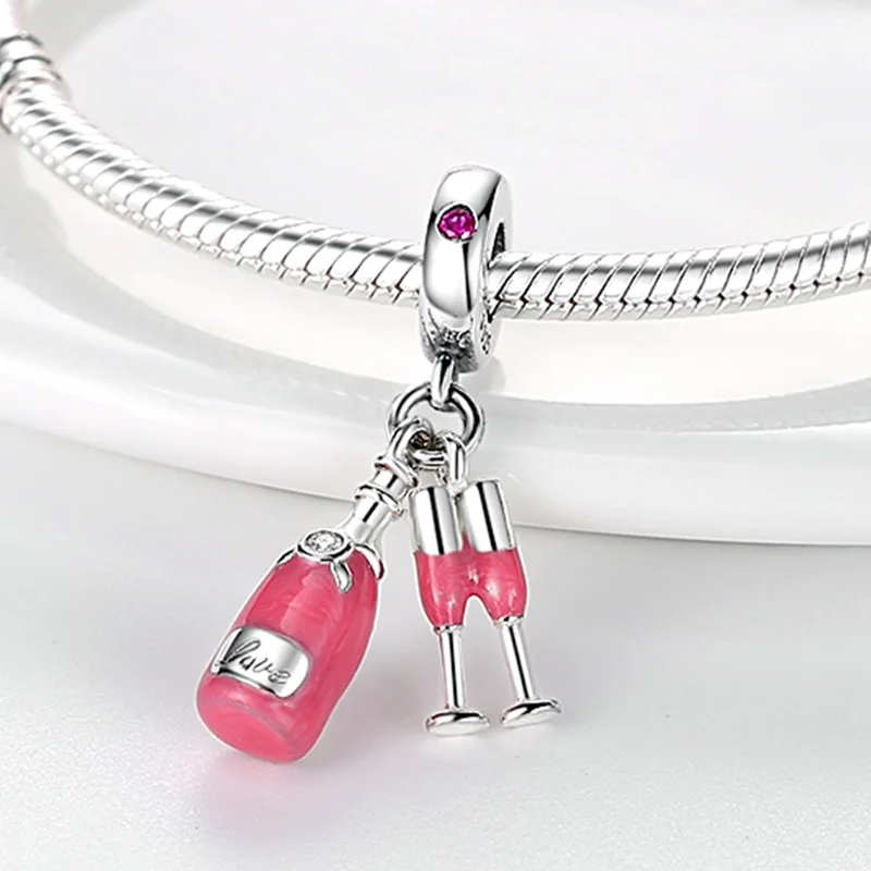 925 Sterling Silver New Genuine Pink S925 Snake Charm Love Potion Murano Glass Heart-Shaped Pendant Beads Suitable For Bracelets, Jewelry Free Shippin