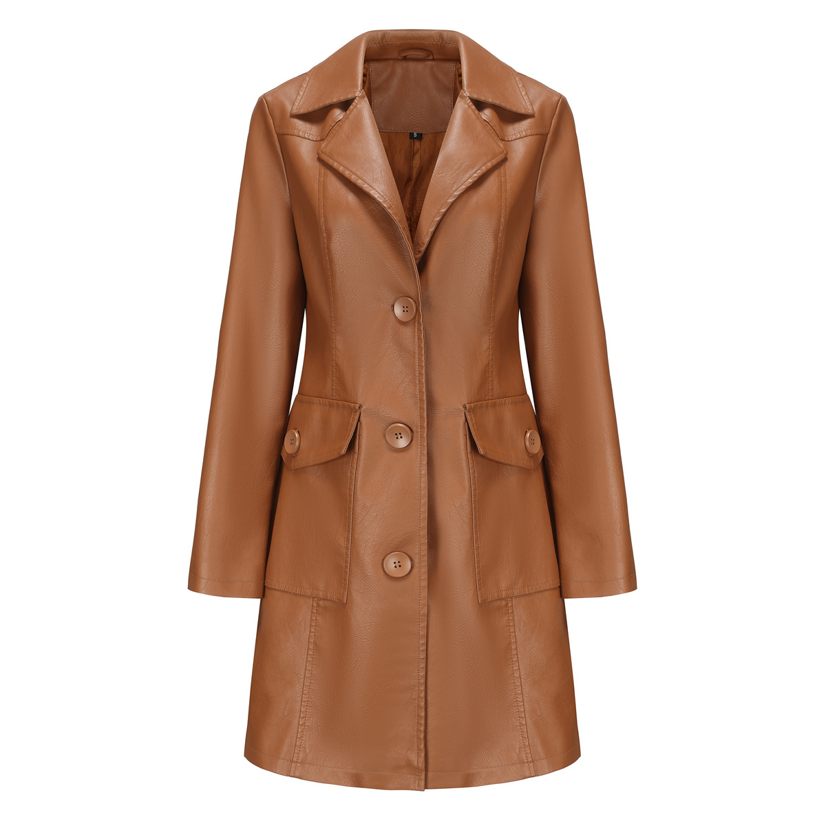 0C 416M39 PALLaS European and American Long Women's Leather Faux Clothes Long Sleeved Windbreaker Fashionable British Coat Flip Collar Single Bre