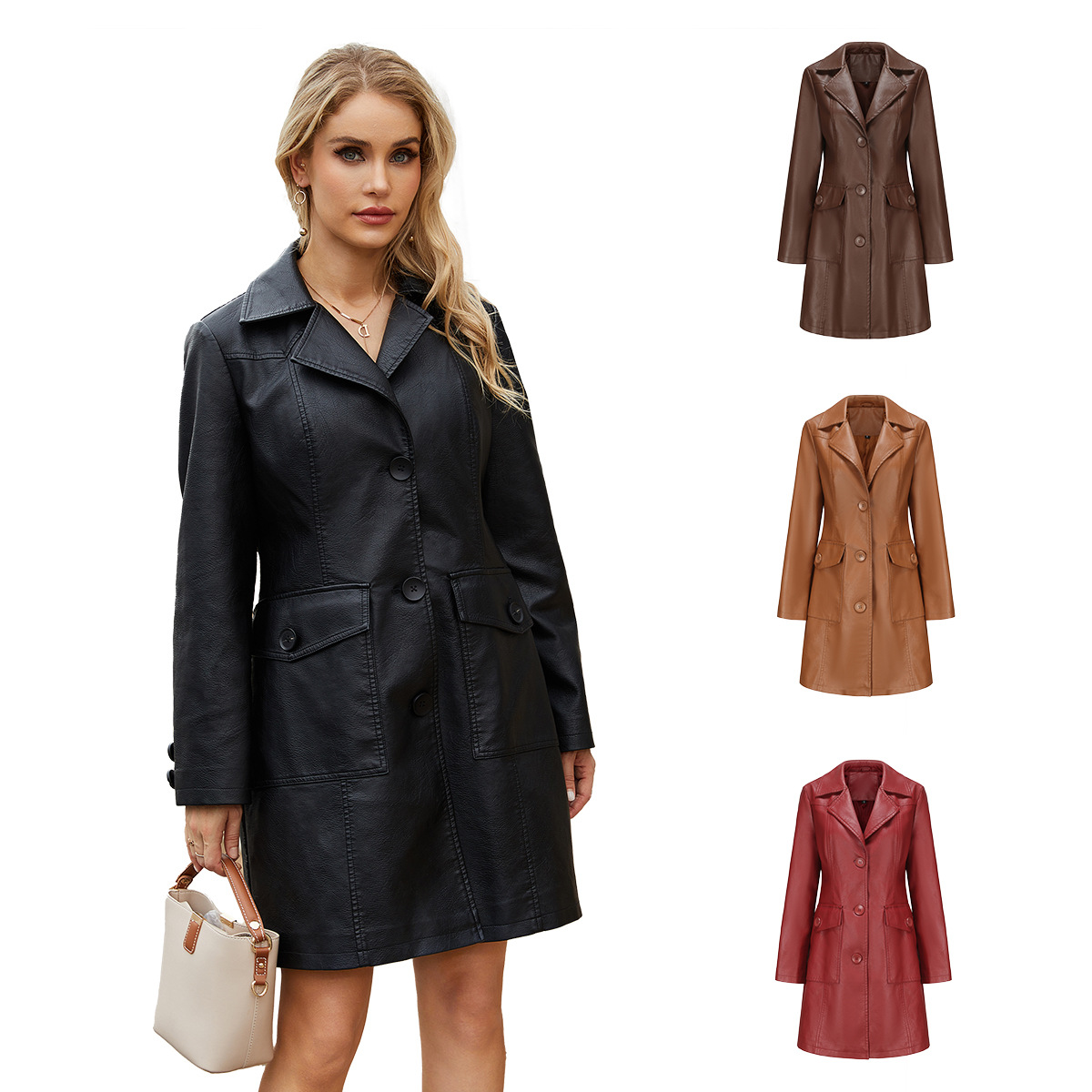 0C 416M39 PALLaS European and American Long Women's Leather Faux Clothes Long Sleeved Windbreaker Fashionable British Coat Flip Collar Single Bre