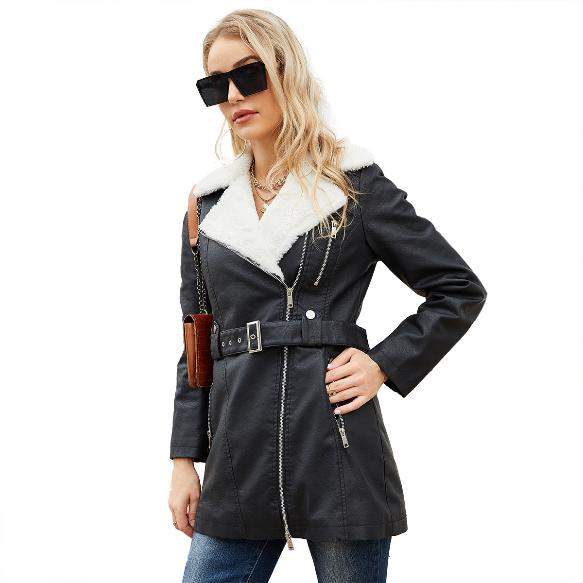 0C448M75/ 462m79 Autumn and Winter Women's Leather Faux Coats Commuting Wind Long Sleeved Plush Lapel Double Zipper Belt Warm Jacket
