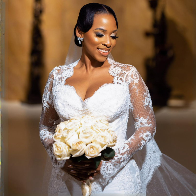 R&W 2024 African Arabic Aso Ebi Wedding Dresses Long Sleeves Elegant Illusion Lace Beaded Mermaid Bridal Gowns for Bride Gorgeous Tiered Tulle Dress D