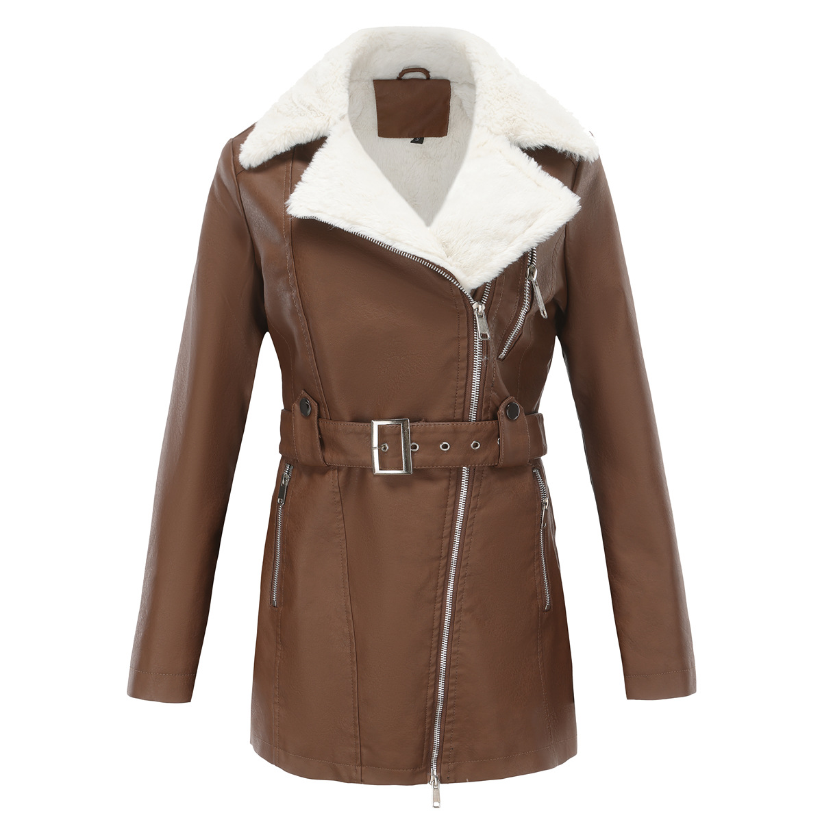0C448M75/ 462m79 Autumn and Winter Women's Leather Faux Coats Commuting Wind Long Sleeved Plush Lapel Double Zipper Belt Warm Jacket