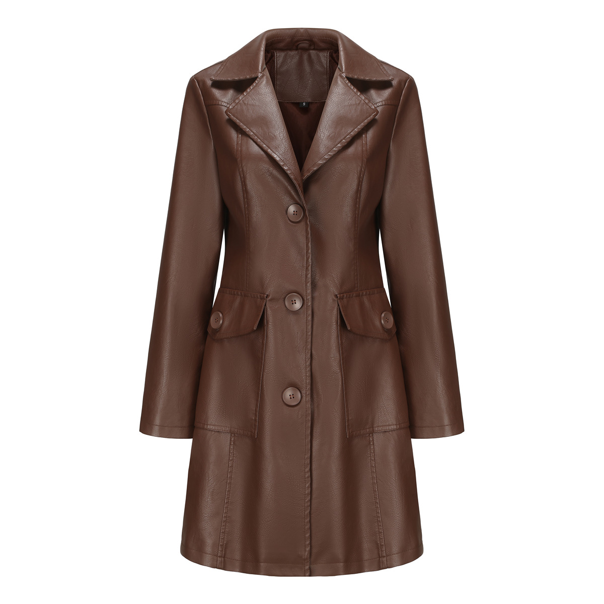 0C 416M39 PALLaS European and American Long Women's Leather Faux Clothes Long Sleeved Windbreaker Fashionable British Coat Flip Collar Single Bre