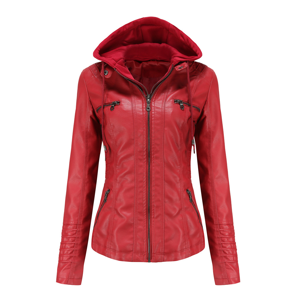 0C501M541 Spring and Autumn Women's Coat Hooded Leather Faux Jacket Two Piece Detachable Set Oversized Washable OC Customization