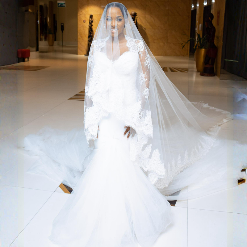 R&W 2024 African Arabic Aso Ebi Wedding Dresses Long Sleeves Elegant Illusion Lace Beaded Mermaid Bridal Gowns for Bride Gorgeous Tiered Tulle Dress D