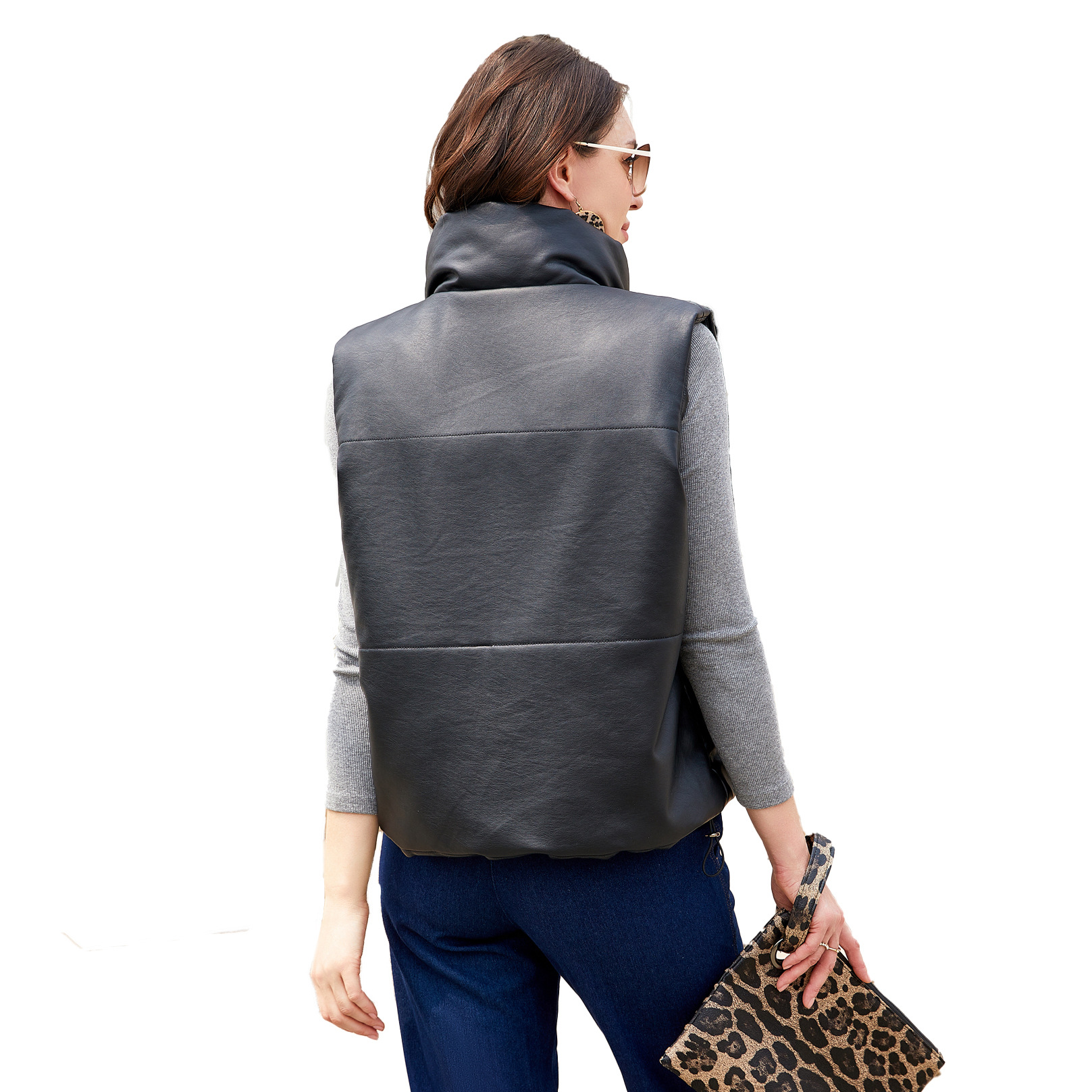 0C407M18 Autumn and Winter Women's Leather Faux Vest Sleeveless Cotton Jacket Fashionable Standing Collar Zipper Coat Solid Color Minimalist