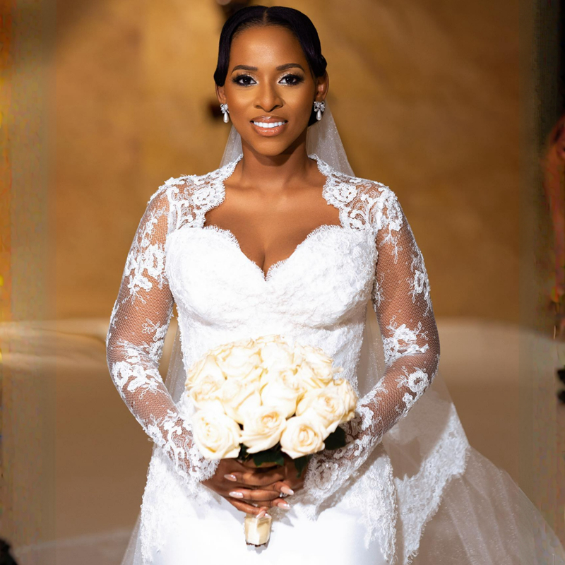 R&W 2024 African Arabic Aso Ebi Wedding Dresses Long Sleeves Elegant Illusion Lace Beaded Mermaid Bridal Gowns for Bride Gorgeous Tiered Tulle Dress D