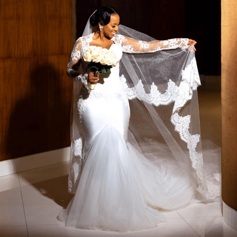 R&W 2024 African Arabic Aso Ebi Wedding Dresses Long Sleeves Elegant Illusion Lace Beaded Mermaid Bridal Gowns for Bride Gorgeous Tiered Tulle Dress D