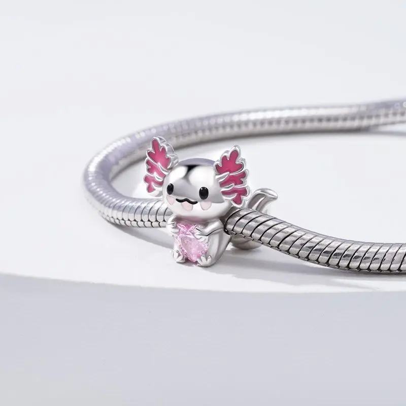 925 Sterling Silver New Genuine Pink S925 Snake Charm Love Potion Murano Glass Heart-Shaped Pendant Beads Suitable For Bracelets, Jewelry Free Shippin