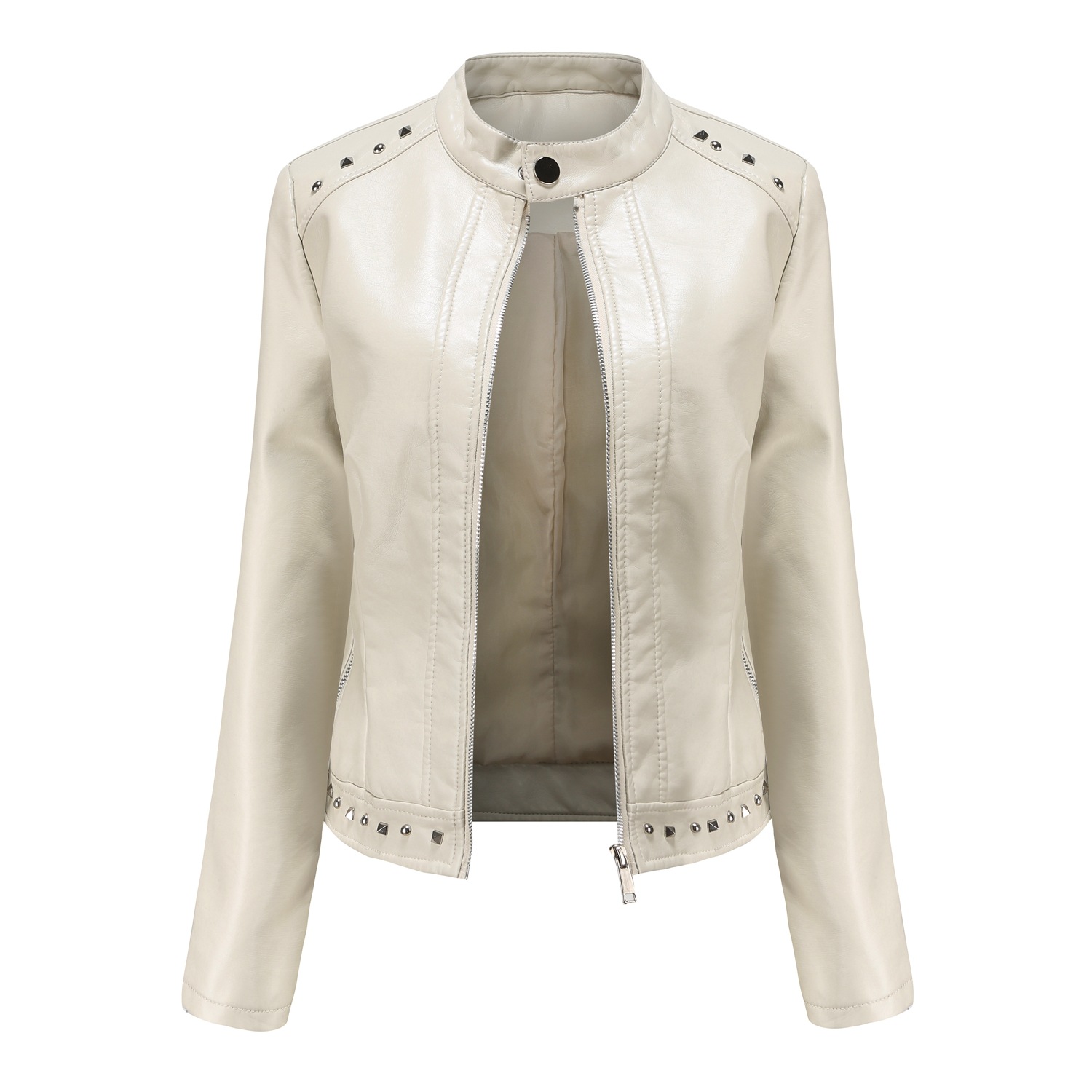 0C407M12 Fashion Women's Leather Faux Coats Pochette Rivet Decorative Zipper Stand Up Collar Jacket Wholesale and Customization