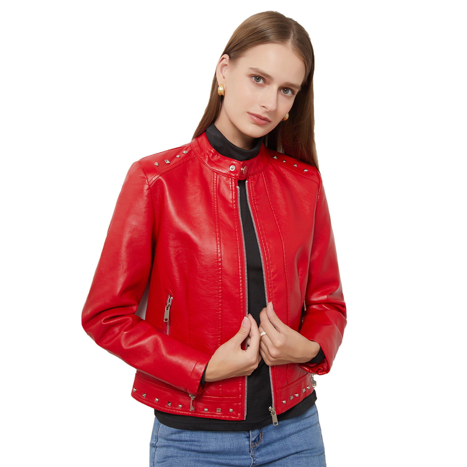 0C407M12 Fashion Women's Leather Faux Coats Pochette Rivet Decorative Zipper Stand Up Collar Jacket Wholesale and Customization