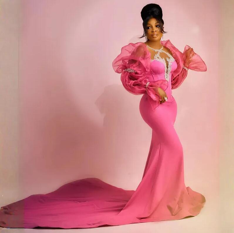 Gorgeous African fuchsia Mermaid Evening Dresses Long sleeve ruffles Train Flare Sleeve Beaded prom birthday party gown For Women 2024
