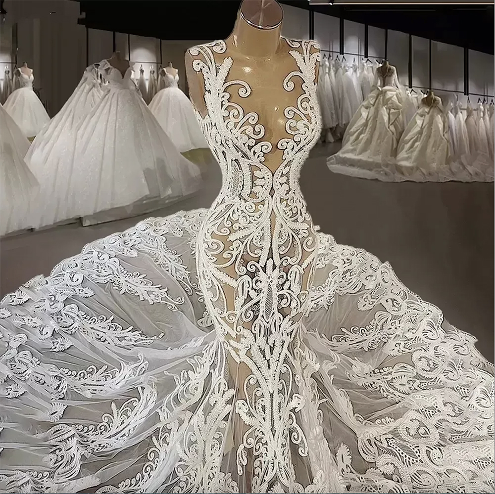 Sexy 2024 Iovry Lace Mermaid Wedding Dresses Sheer Jewel Neck Appliqued Country Bridal Party Gowns Vestidos De Novia 0509