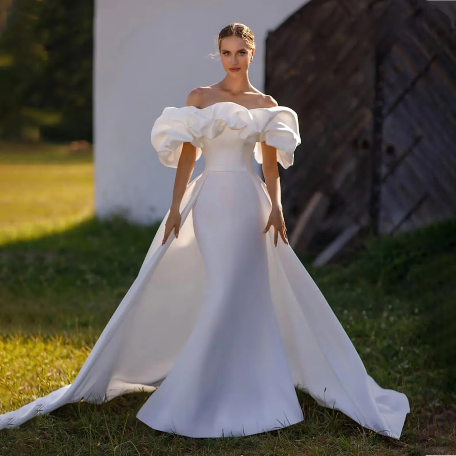 Puff Short Sleeves Mermaid Wedding Dress Off The Shoulder Long Satin Bridal Gown With Detachable Train Ruched Simple Ivory White Vestido De Novia