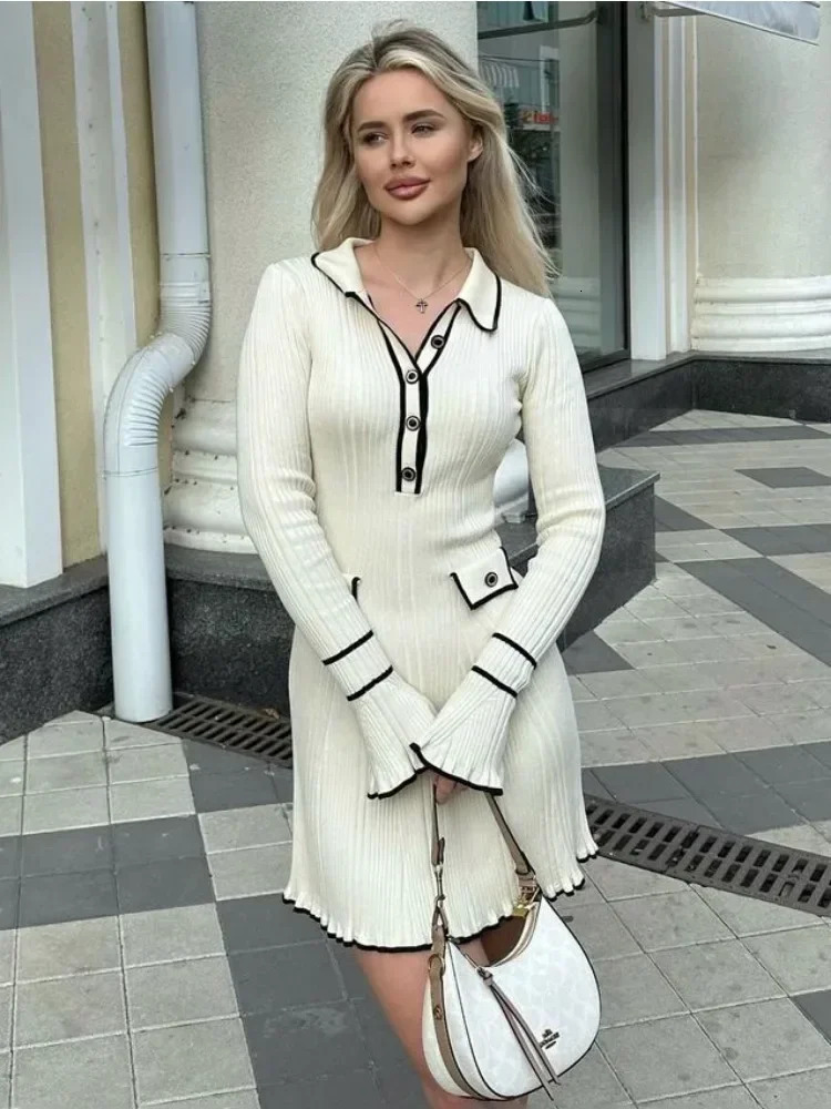 Tossy Ruffled Fashion Knit Dress Women Autumn Ribbed Contrast Long Sleeve High Waist Lapel Gown Dress Knitwear Ladies Maxi Dress 231225