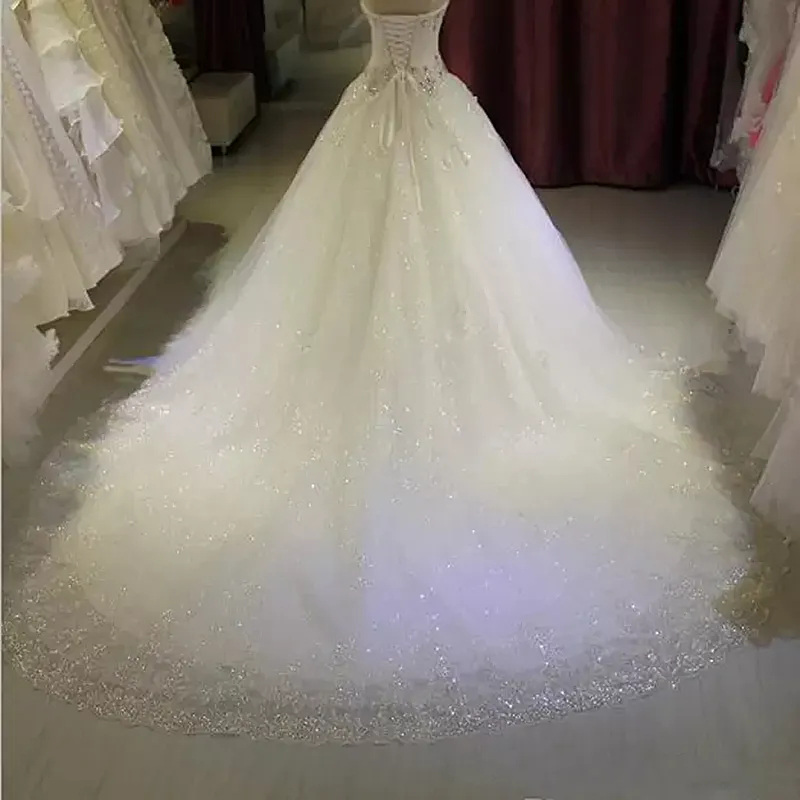 Glitter Sequined Wedding Dress Crystals Beaded Princess Bridal Gowns Sweetheart Neckline Sleeveless Court Train A Line Ivory Plus Size Vestido De Novi