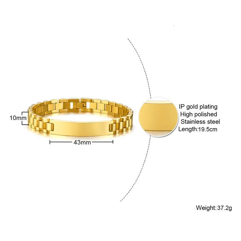 Gold Stainless Steel Mens ID Bracelets Free Engraving Laser Name Date Customize Gift 10mm Watch Chain Fathers Day 231225
