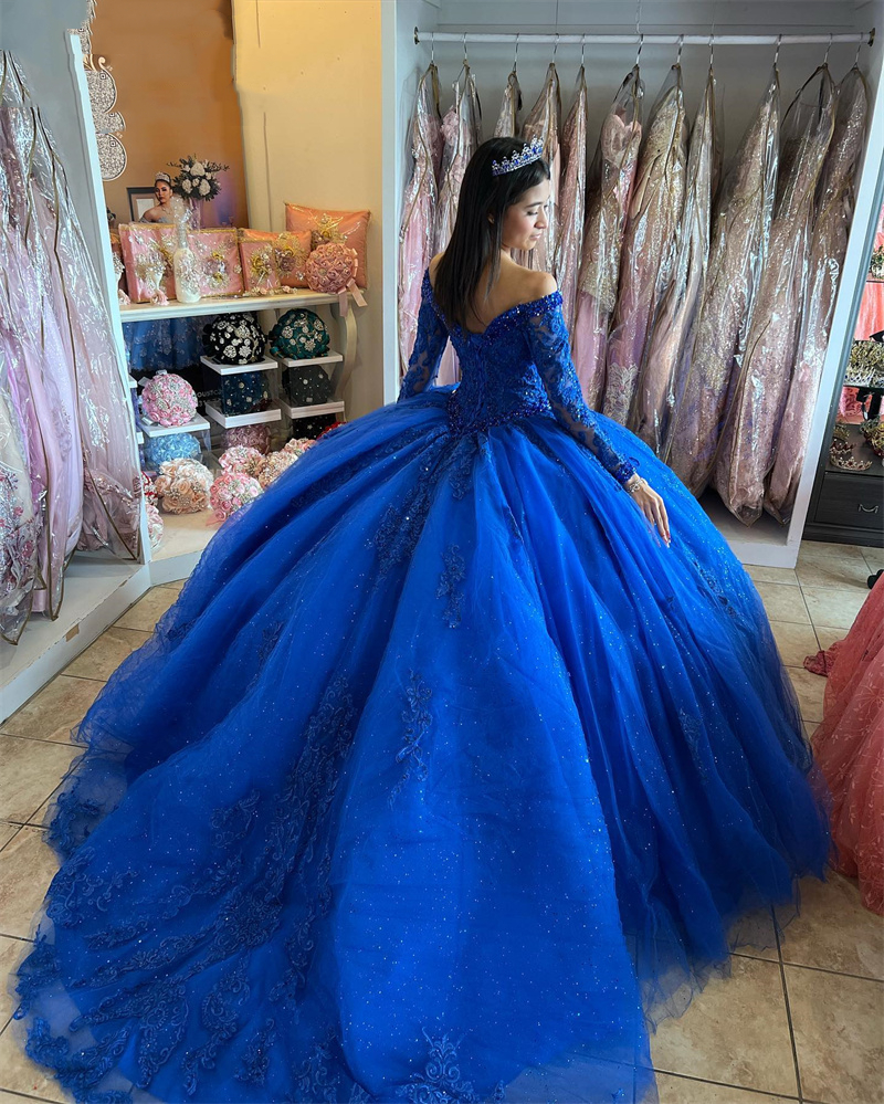 Royal Blue Princess Quinceanera Dresses Lace Appliques Long Sleeves Sweet 16 Dress Beaded V-Neck Off Shoulder Ball Gown Prom Celebrity Party Vestidos 