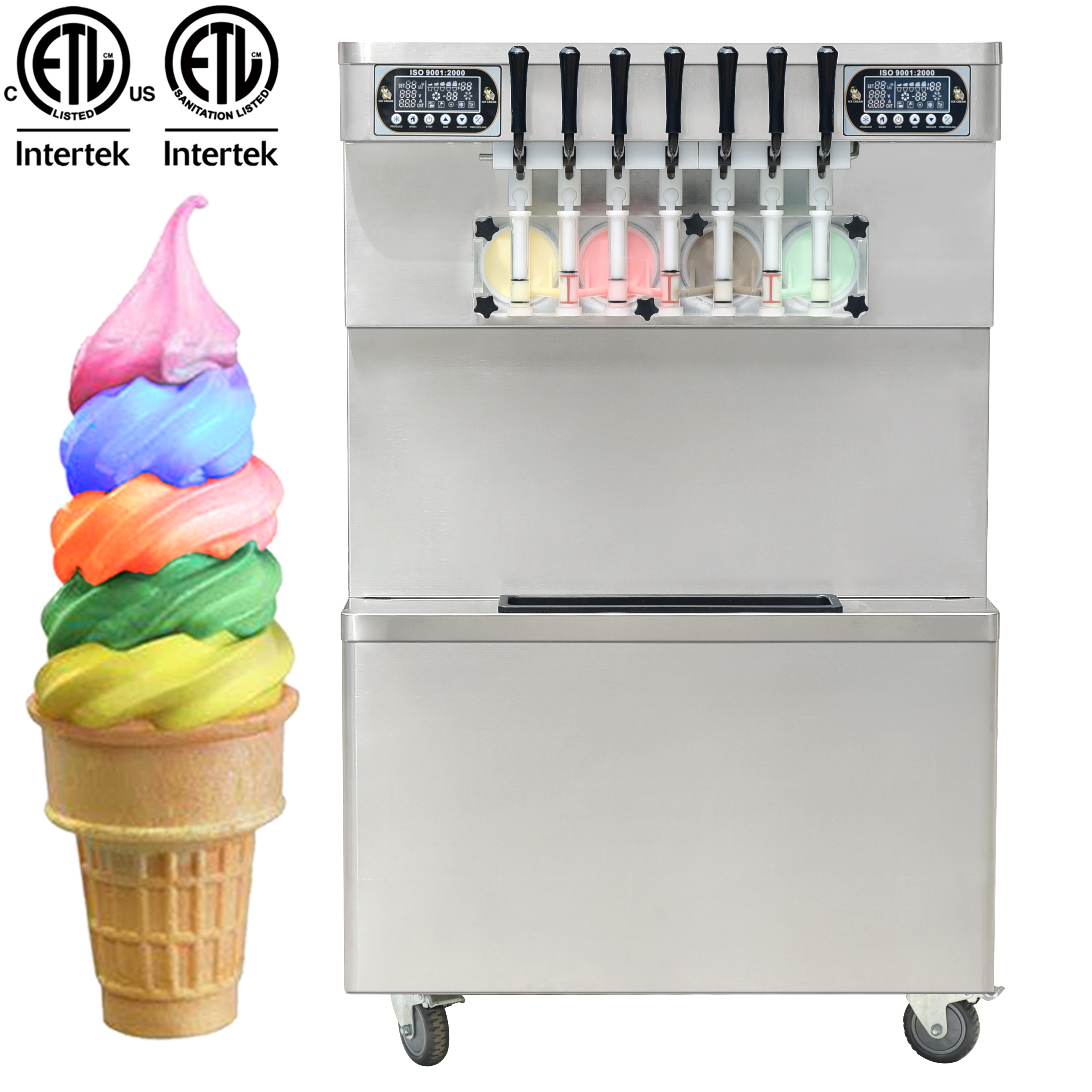 Kolice ETL Certificate Commercial 7 Flavors 4+3 Mixed Soft Serve ice Cream Machine Snack Food Machine, full transperant dispenser, upper tanks coolate