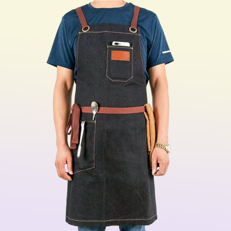 Denim Haircutting Apron For Men Adjustable Salon Hairdresser Tool BBQ Bib Working Uniform Korean Fashion Black Aprons9436396
